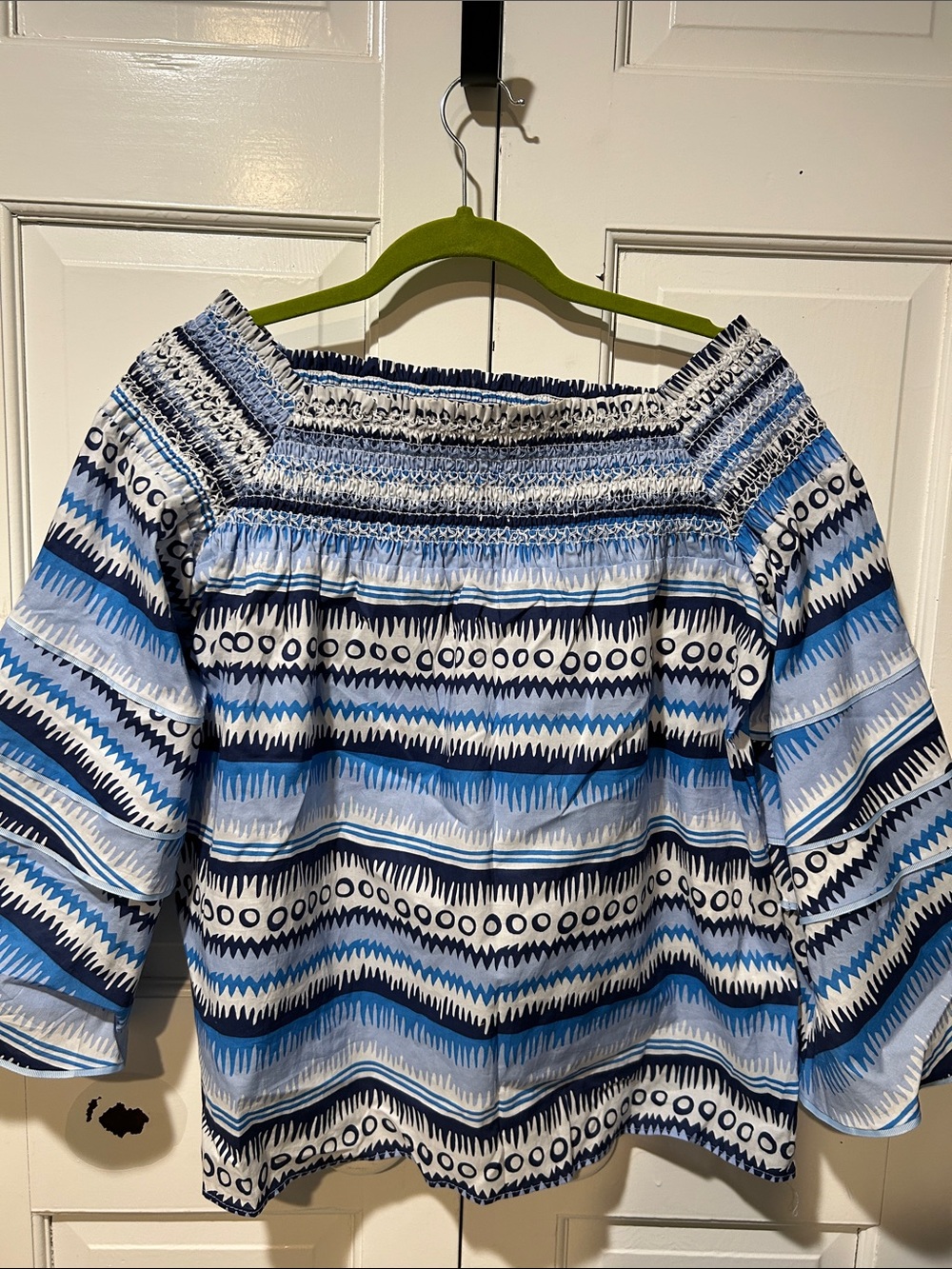 Blue Patterned Off-Shoulder Smocked Blouse